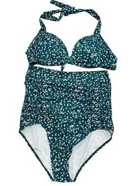 NWT COCOSHIP Teal Floral Retro Halter Top with High Waisted Bottoms Swim Set - L